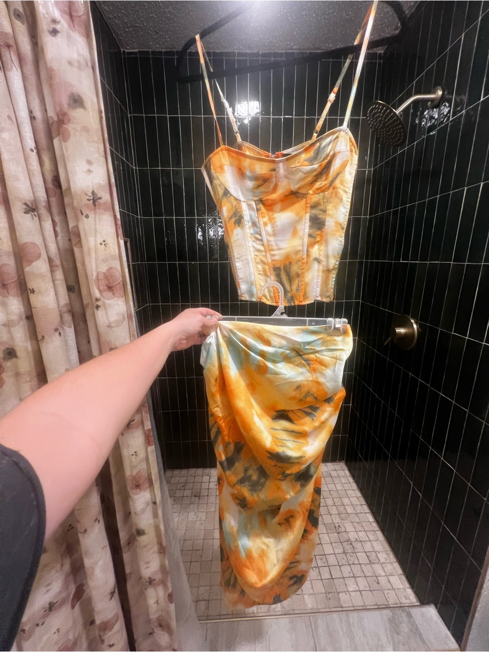 PrettyLittleThing Orange and Green Tie-Dye Satin Midi Skirt & Bustier Set